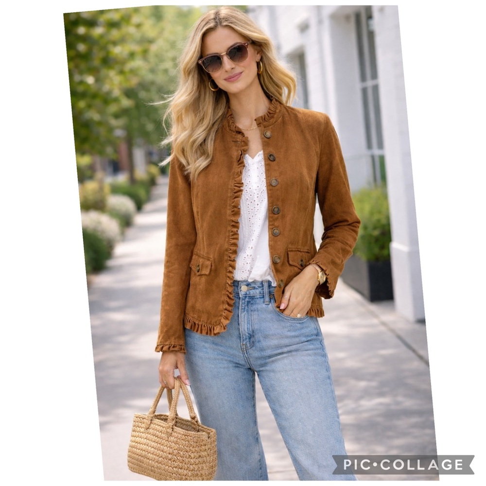 DRESSBARN FAUX SUEDE LEATHER RUFFLE TRIM JACKET